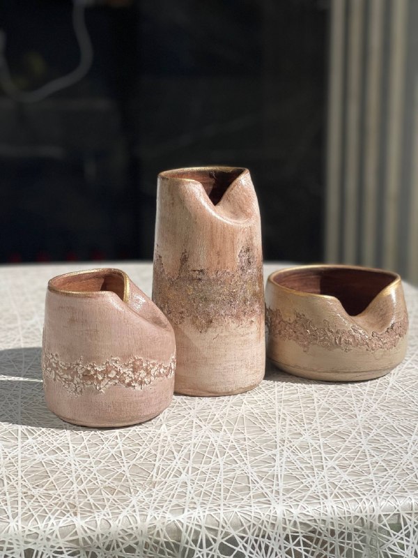 ست گلدان و شکلات خوری سفالی